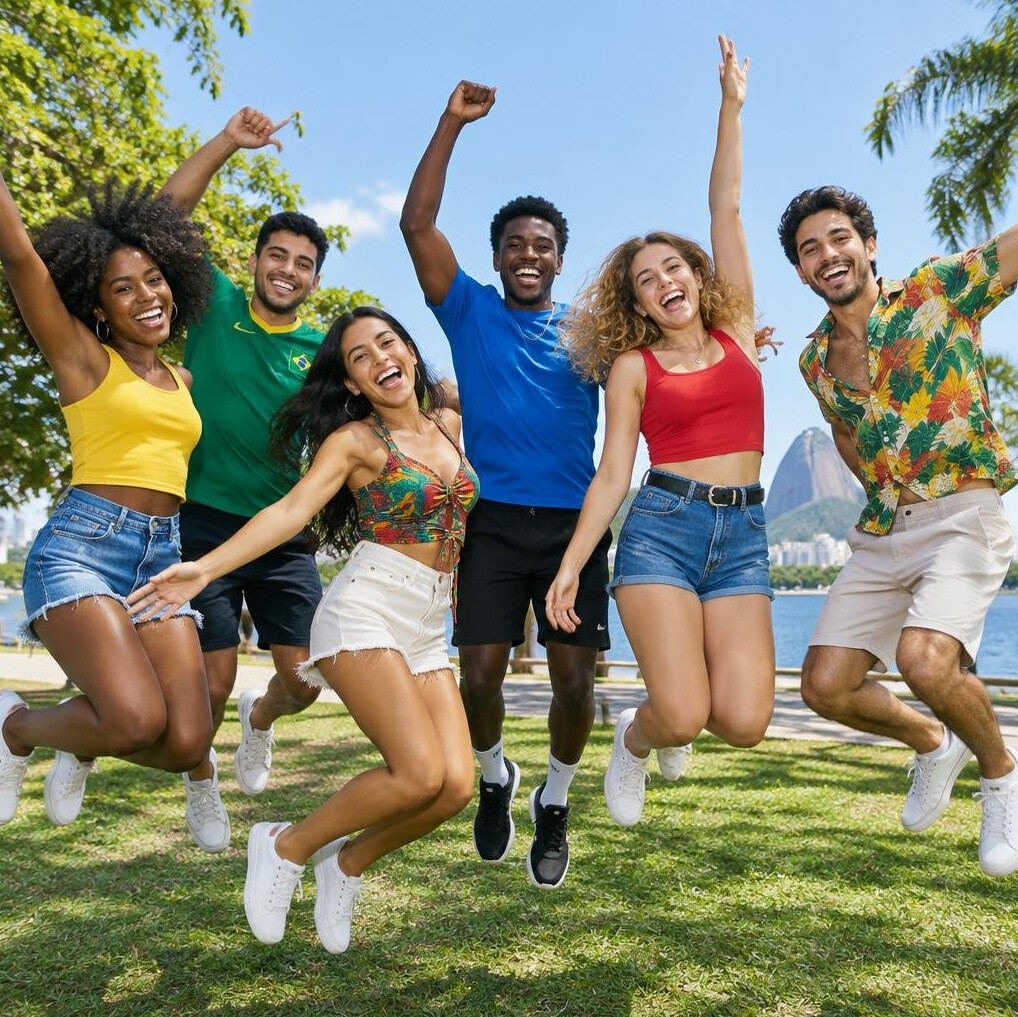 Group of happy young adults celebrating together outdoors
