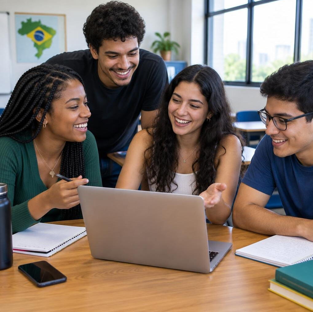 Group of students collaborating around a laptop